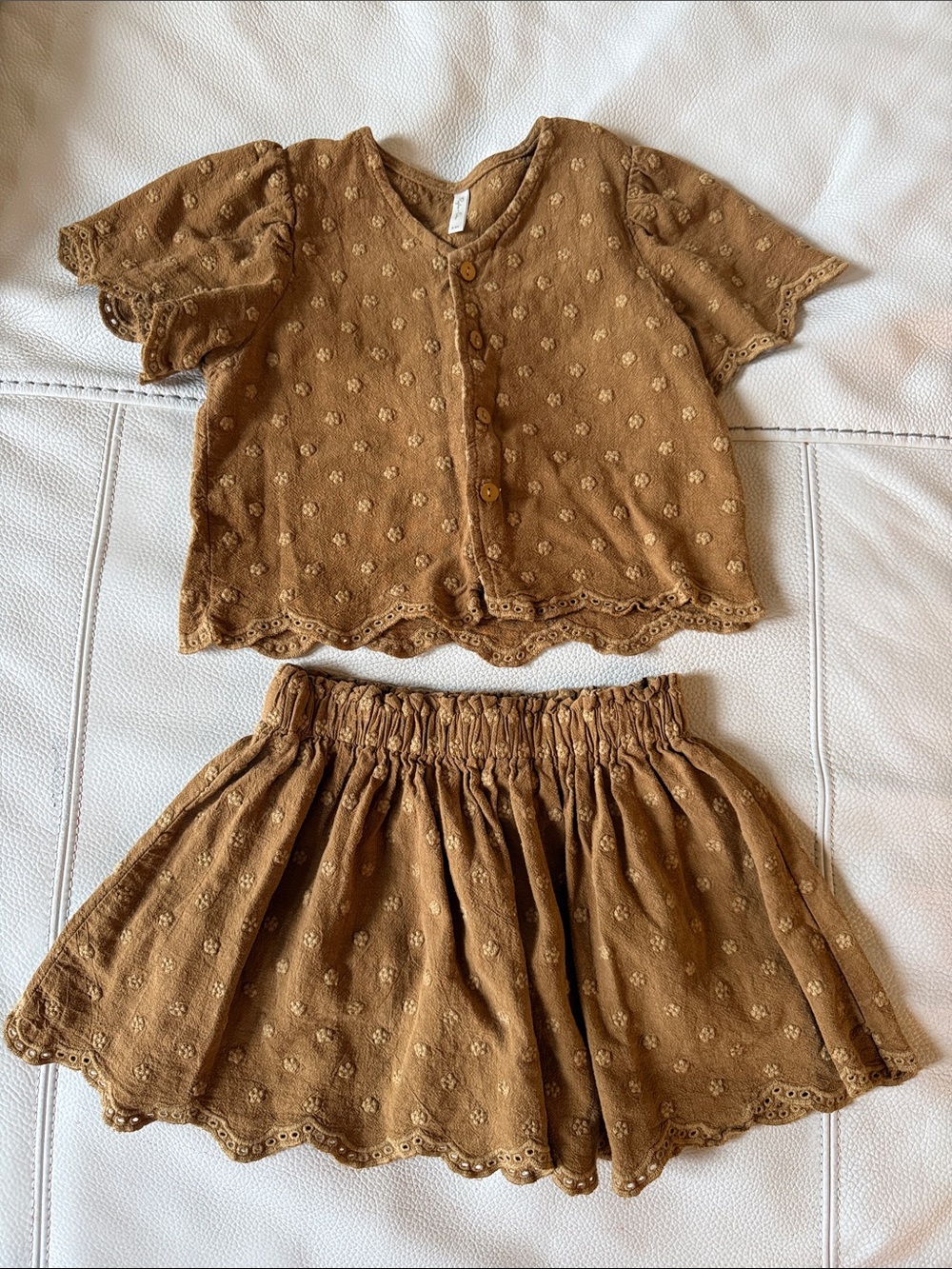 Rylee + Cru Brown Eyelet Skirt and Button-Front Top Set